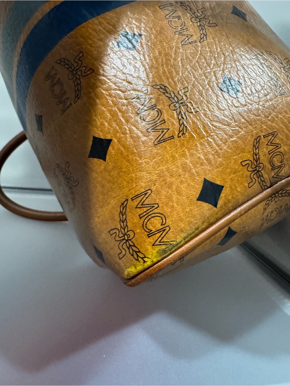 MCM Cognac Visetos Bowling Bag with Navy and Gold Stripe - Picture 10 of 15